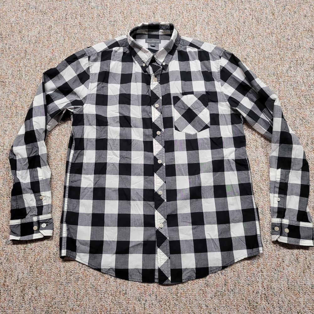 LL Bean Signature Shirt Mens Medium Black White Buffalo Plaid Check‎ Button Down
